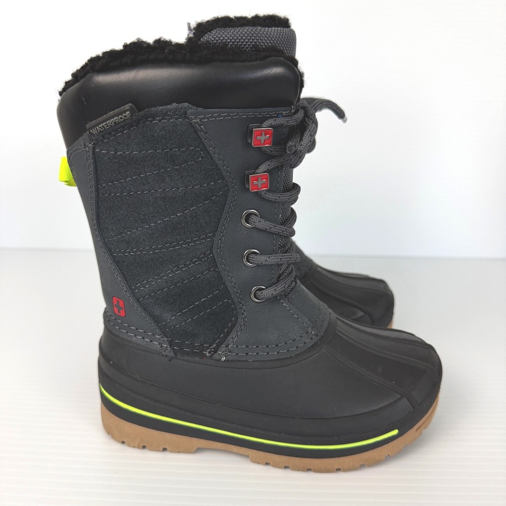Swiss Tech Kids Winter‎ Snow Boots Grey Black Neon Yellow Waterproof Size 10